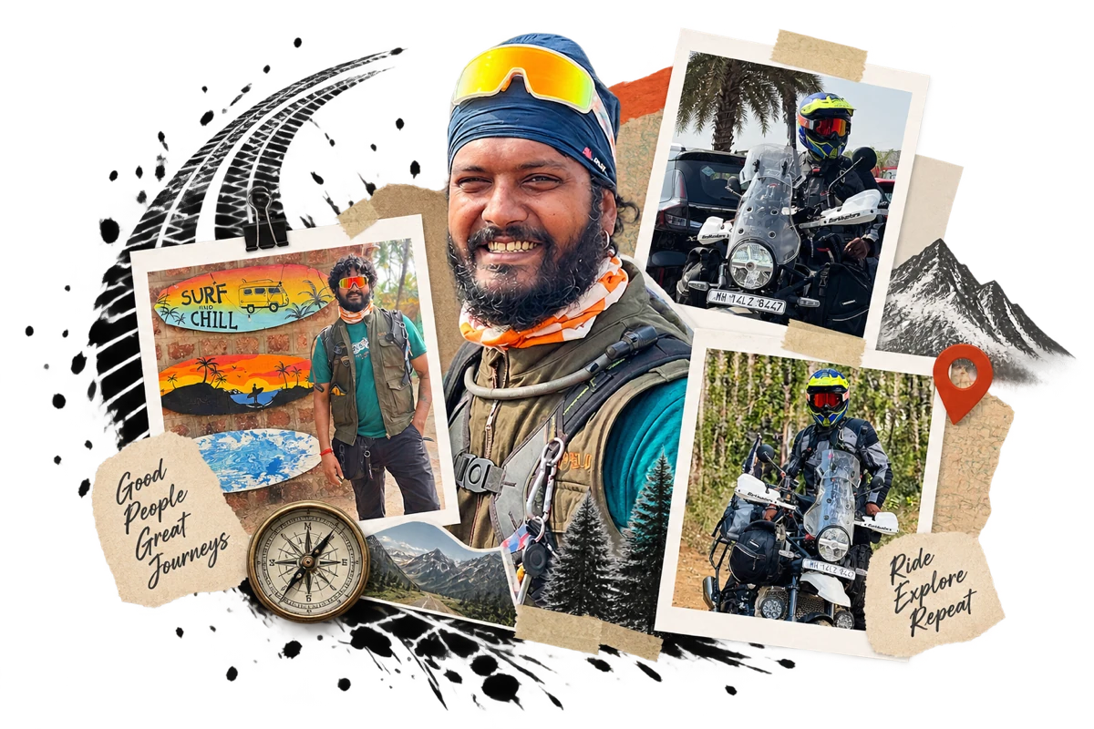Editorial collage showing Ashish as designer, rider and explorer