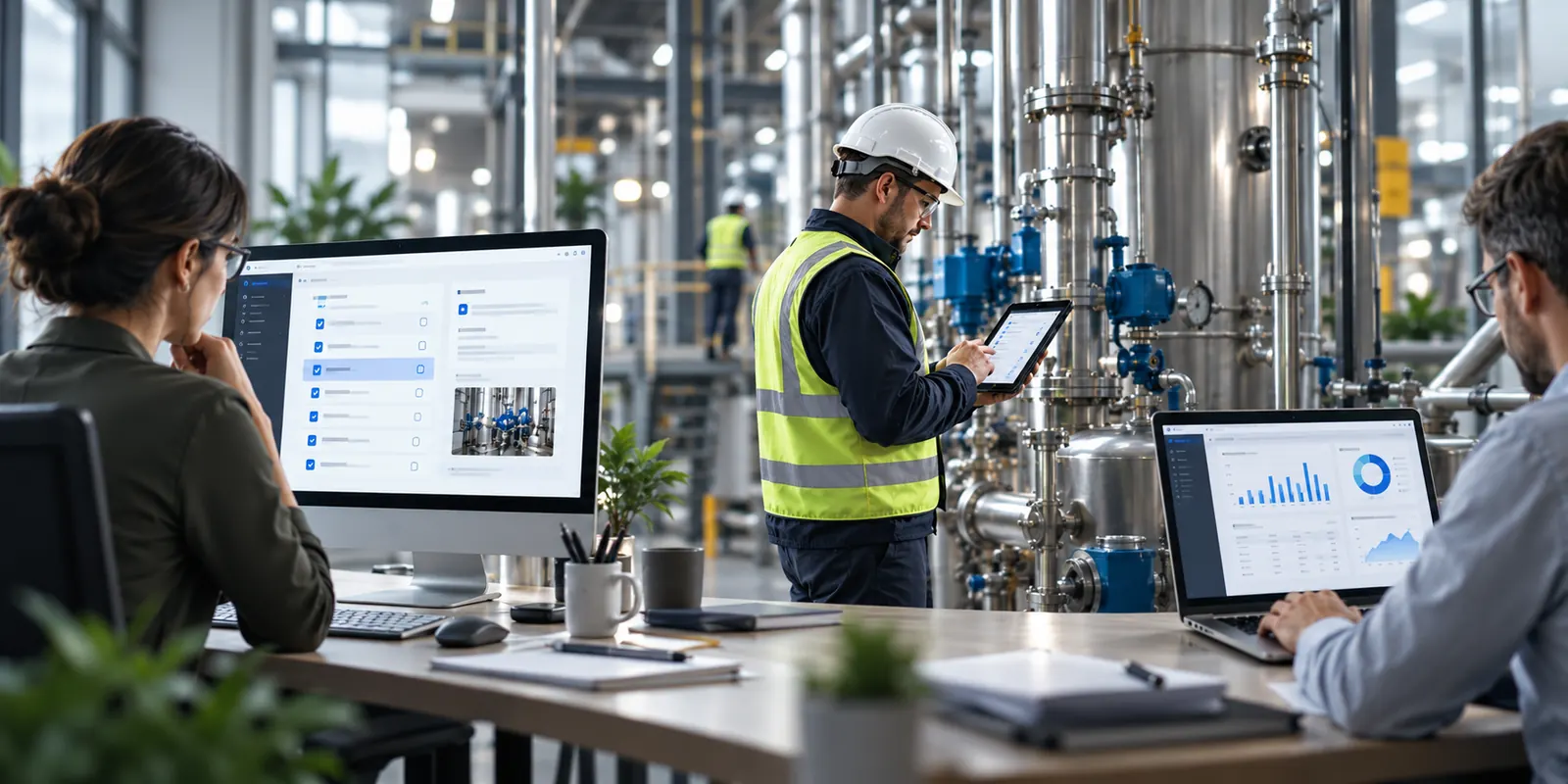 Auditors working between desktop screens and a tablet on a plant floor