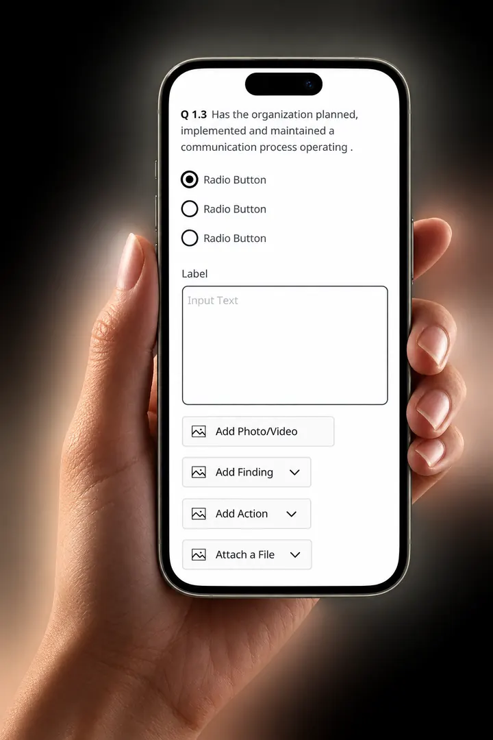 Mobile checklist question with response options and evidence controls