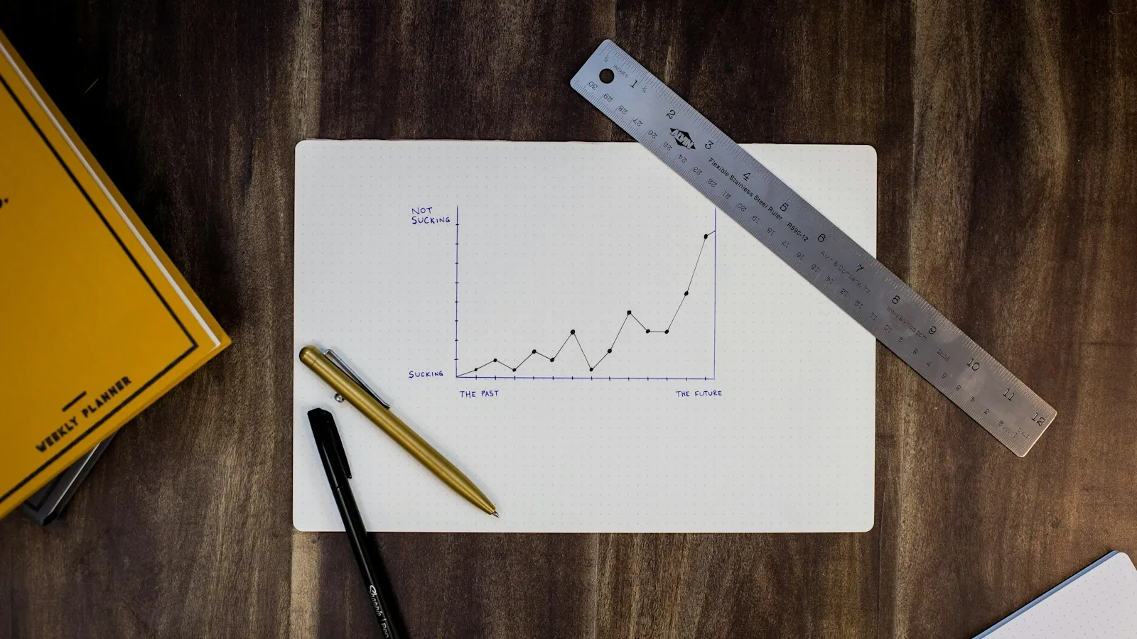 Hand-drawn growth chart on paper with a ruler and pen